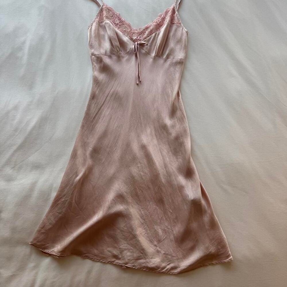 Pink real silk slip dress with lace trim and adjustable straps